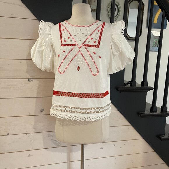 065 By Anthropologie Puff-Sleeve Cutwork Top NWT Size Large - Picture 5 of 9